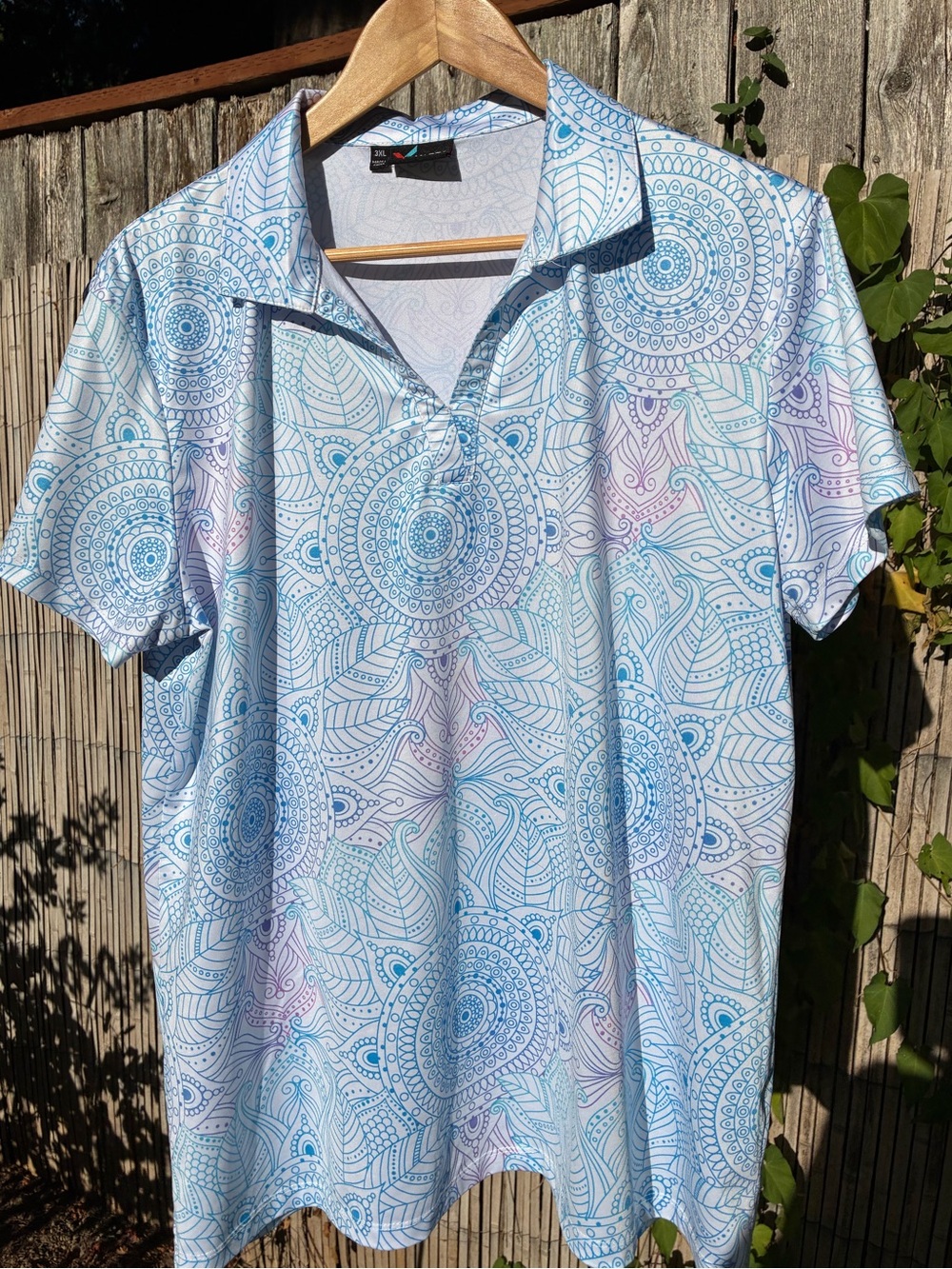 Yatta Golf Polo Shirt w Mandala Print, Pastel Blue & Purple, Women's Sz 3X